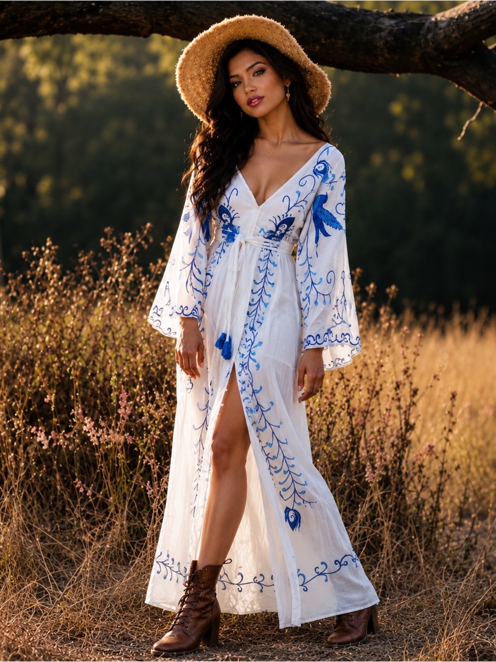 New White Blue Floral Embroidered Boho Maxi Dress Festival Wedding Maternity XL - Picture 3 of 11
